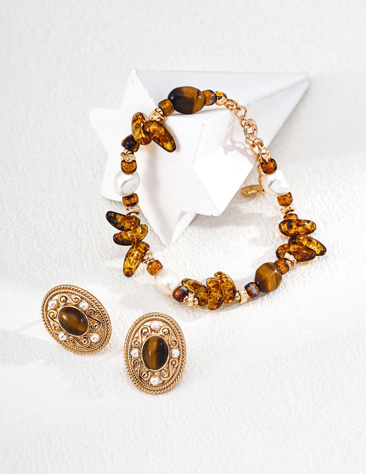 Vintage Amber & Pearl Bracelet | S925 Silver, Tiger’s Eye & Czech Glass Jewelry