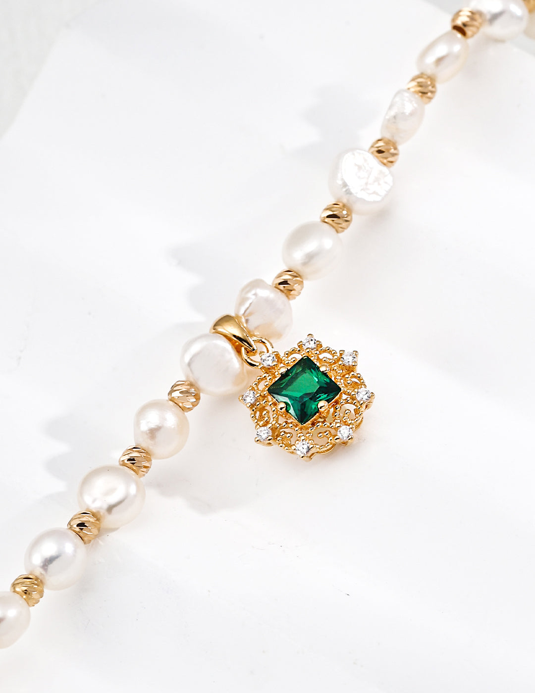 S925 Silver Natural Pearl Bracelet | Green Zircon | Vintage Gold | French Court Style
