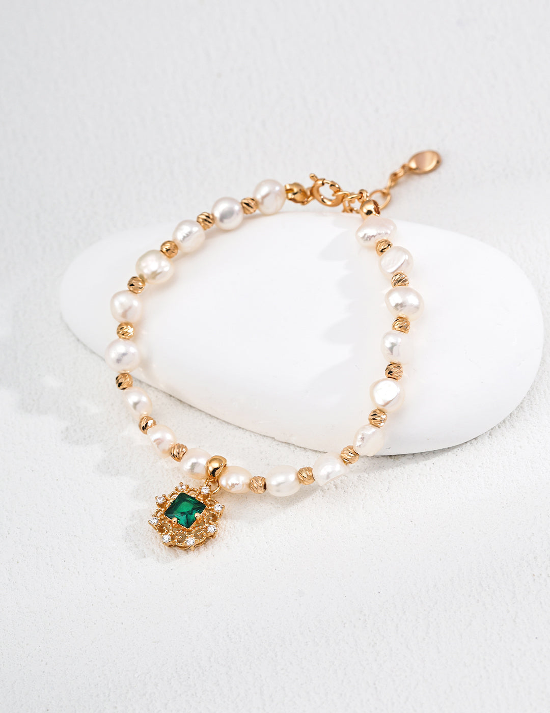 S925 Silver Natural Pearl Bracelet | Green Zircon | Vintage Gold | French Court Style
