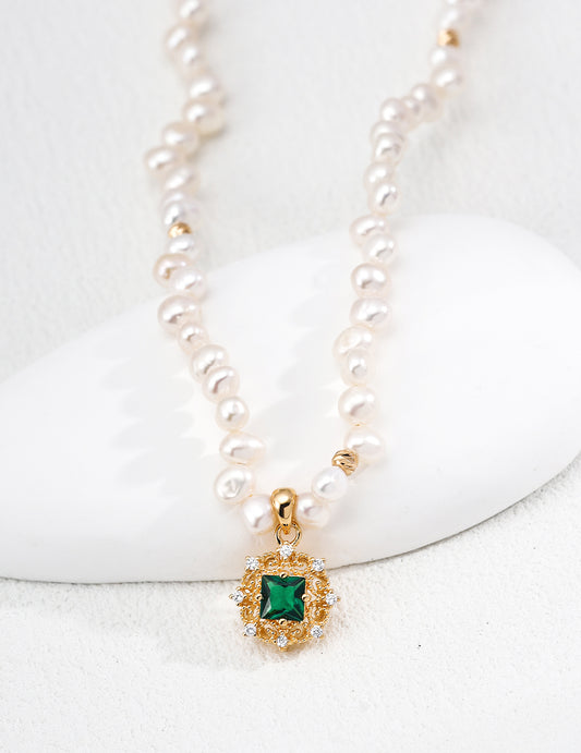 Vintage French Court Style | Natural Pearl & Green Zirconia Necklace|925 Silver