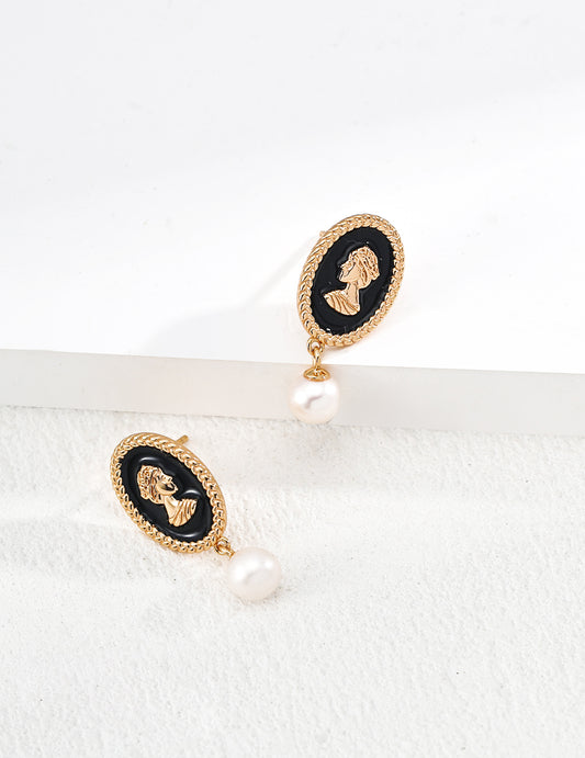 Vintage Queen Cameo Drop Earrings • 925 Silver with Freshwater Pearl