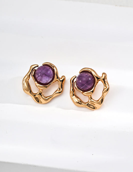 S925 Silver Vintage Amethyst Earrings close-up on a clean background, showcasing the 8mm purple gemstone and antique gold texture.