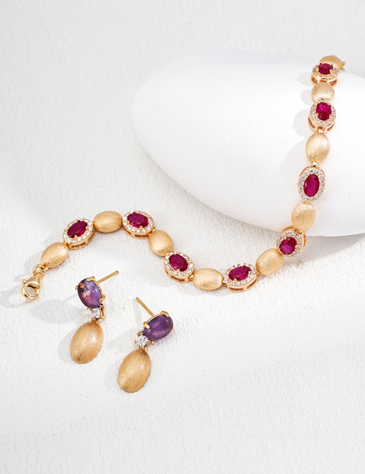 woman wearing vintage gold amethyst earrings 925 silver jewelry
