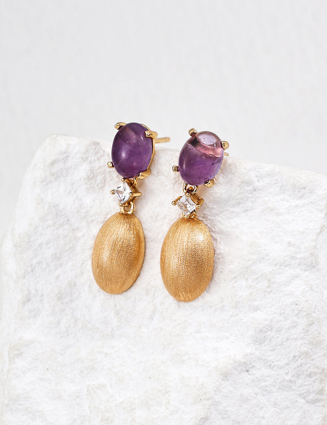 925 silver oval amethyst dangle earrings vintage gold tone