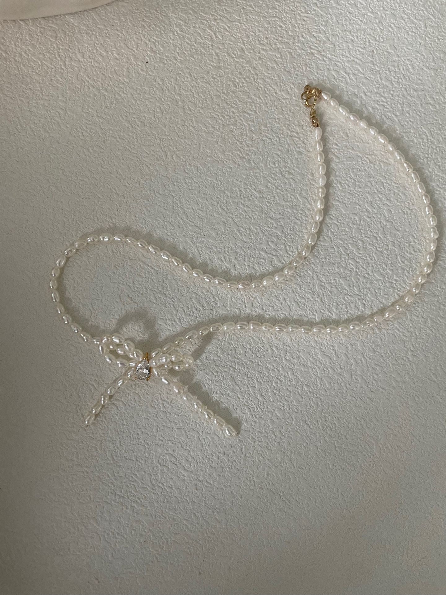 French Whisper Rice Pearl Bow Choker Necklace - 18K Gold Plated Silver