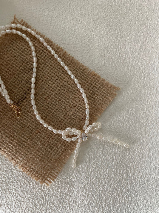 French Whisper Rice Pearl Bow Choker Necklace - 18K Gold Plated Silver
