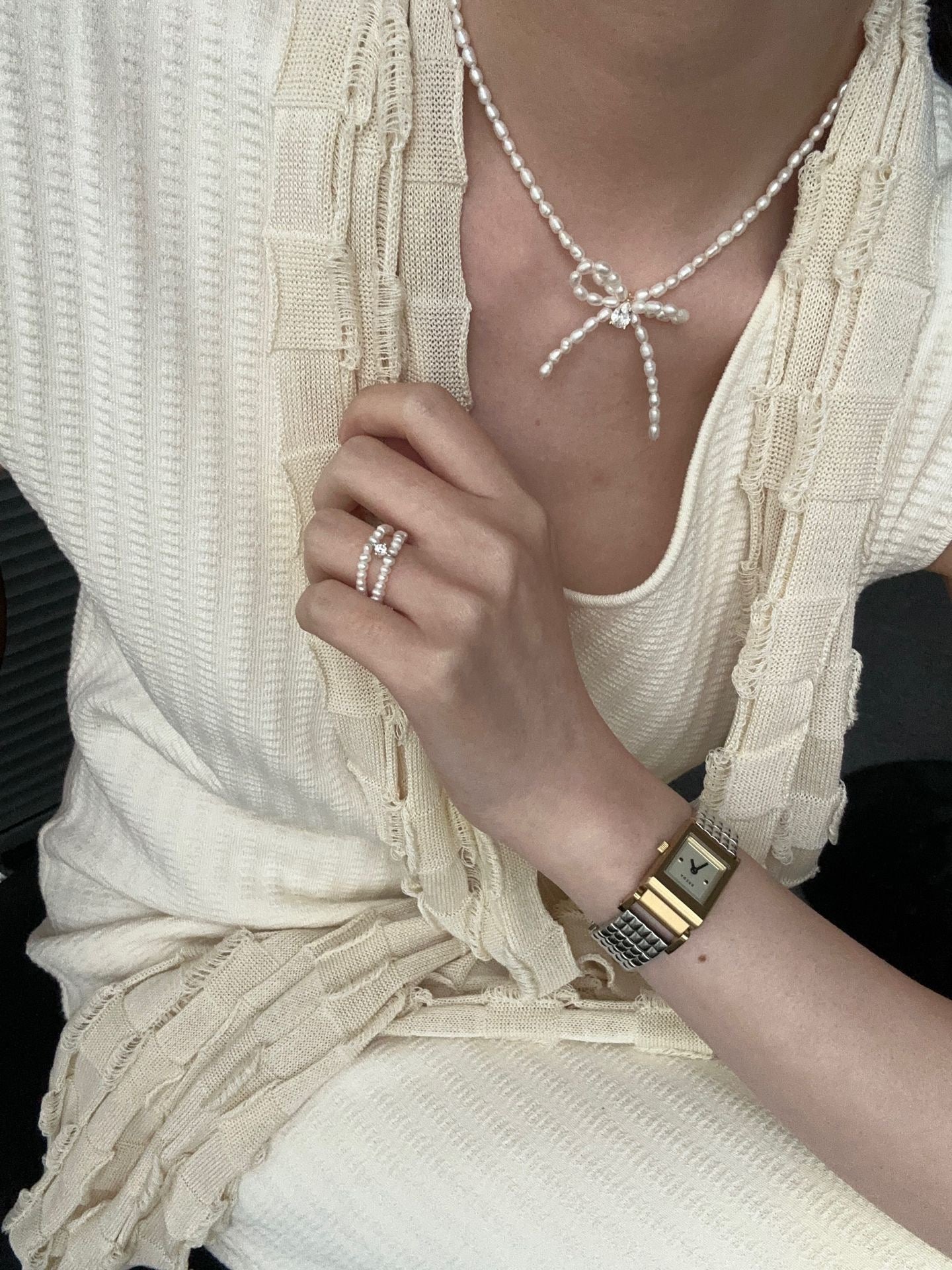 French Whisper Rice Pearl Bow Choker Necklace - 18K Gold Plated Silver