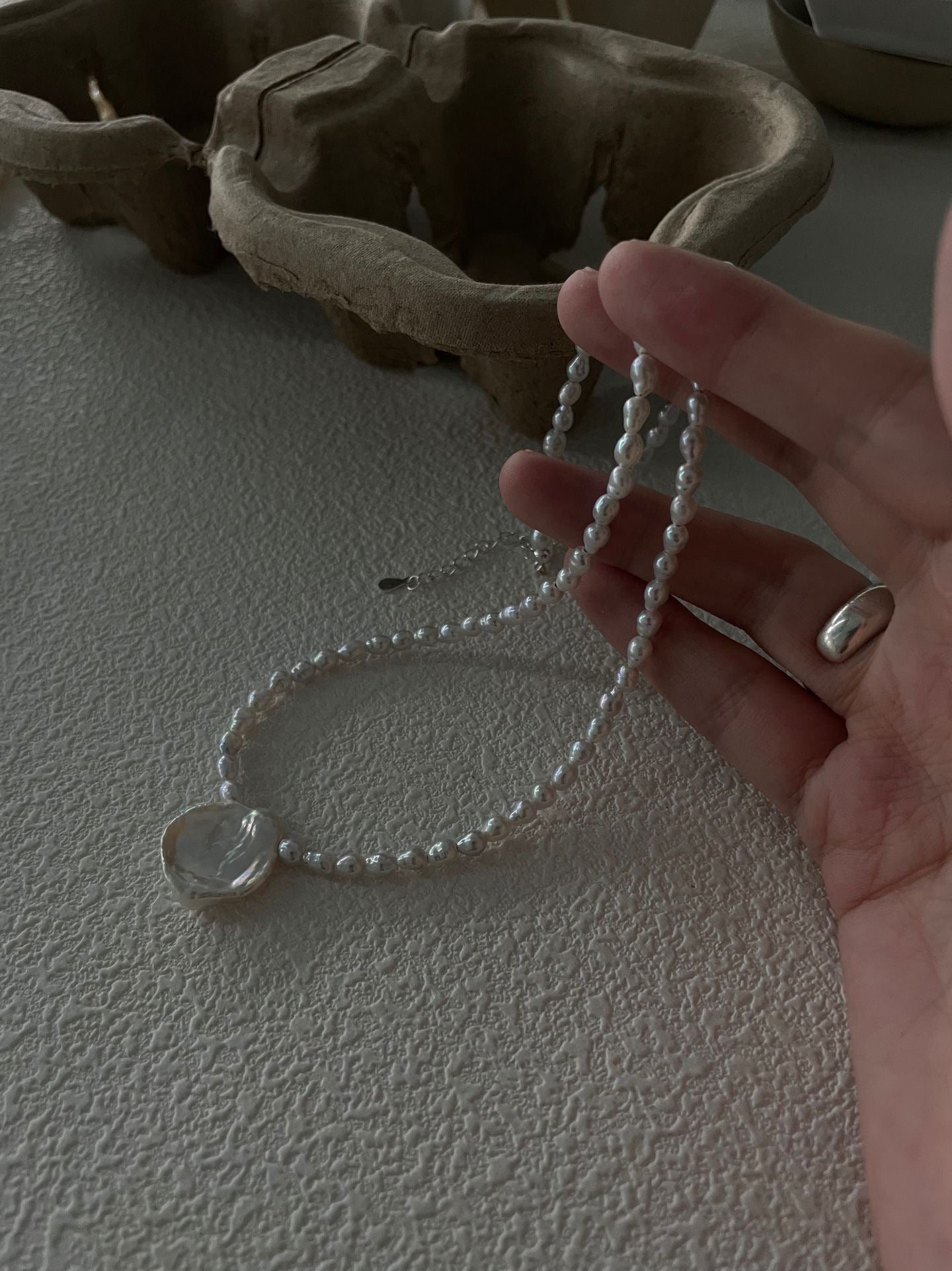 Moonlit Bloom Baroque Petal Pearl  Necklace - Sterling Silver Adjustable