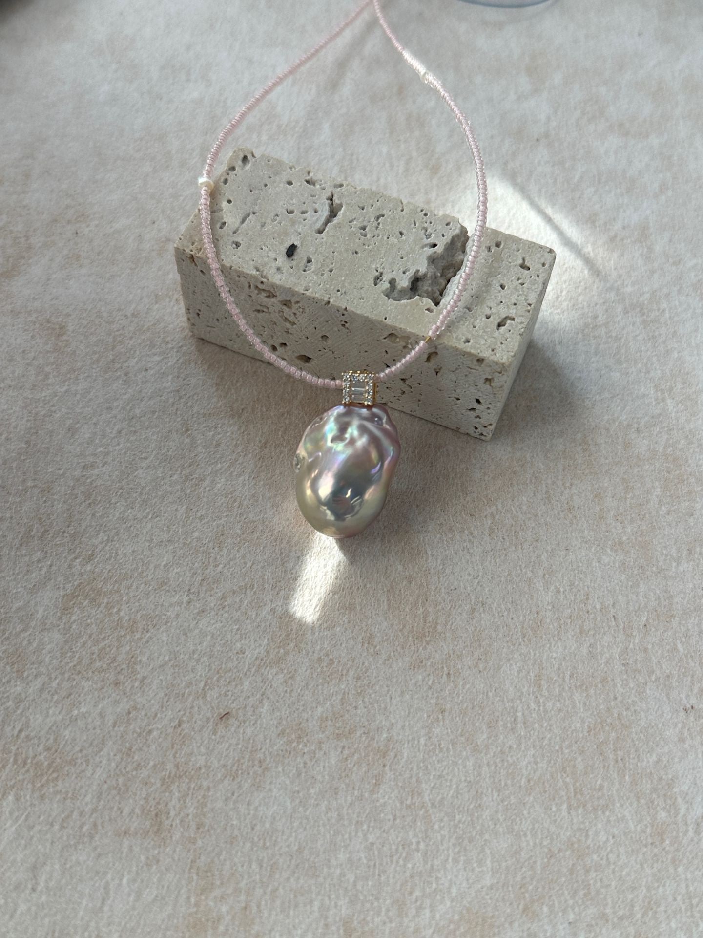 Blush Bloom Baroque Pearl Necklace - Pink Beaded Chain with 18K Gold Plated Silver Pendant