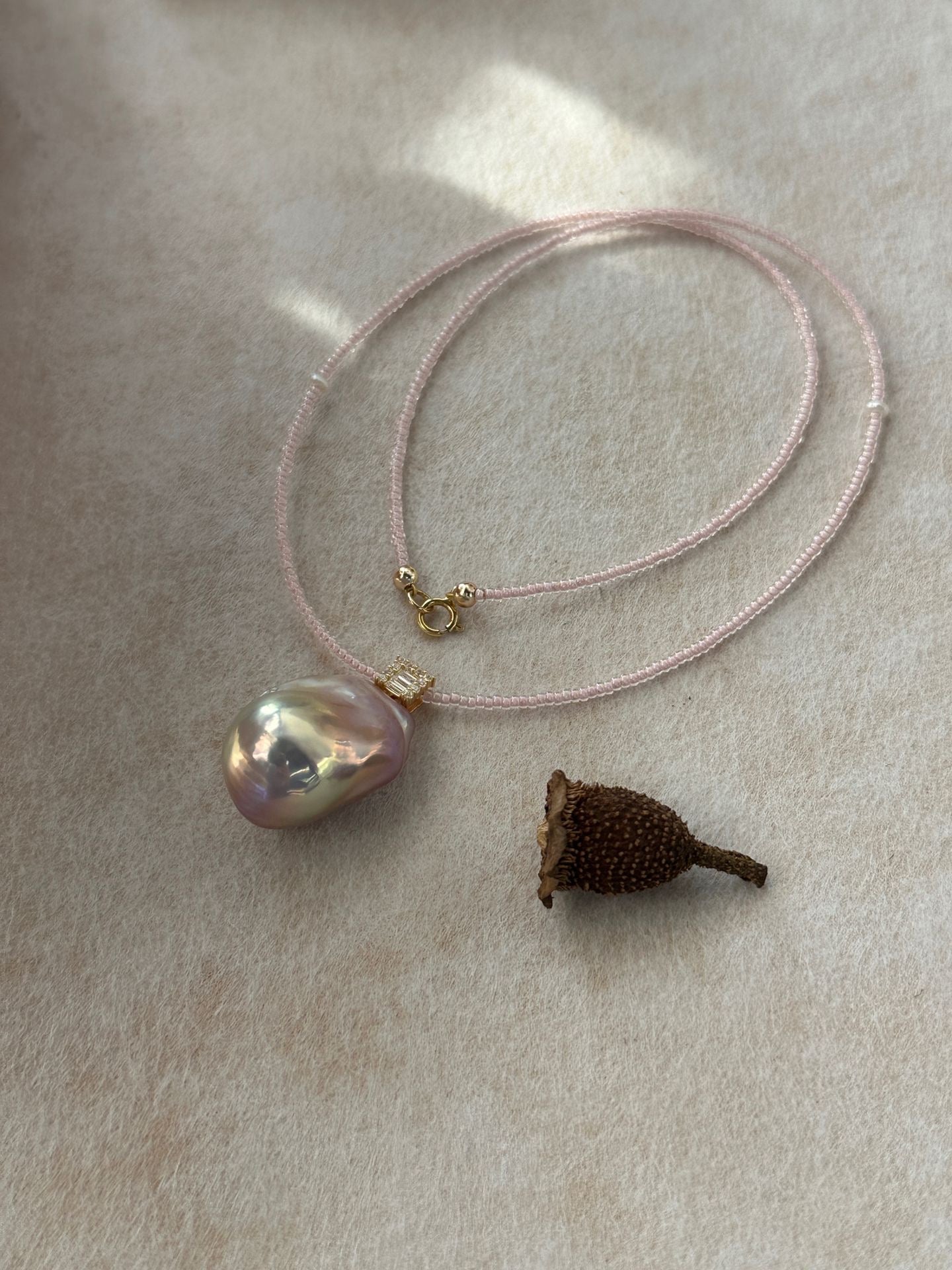 Blush Bloom Baroque Pearl Necklace - Pink Beaded Chain with 18K Gold Plated Silver Pendant