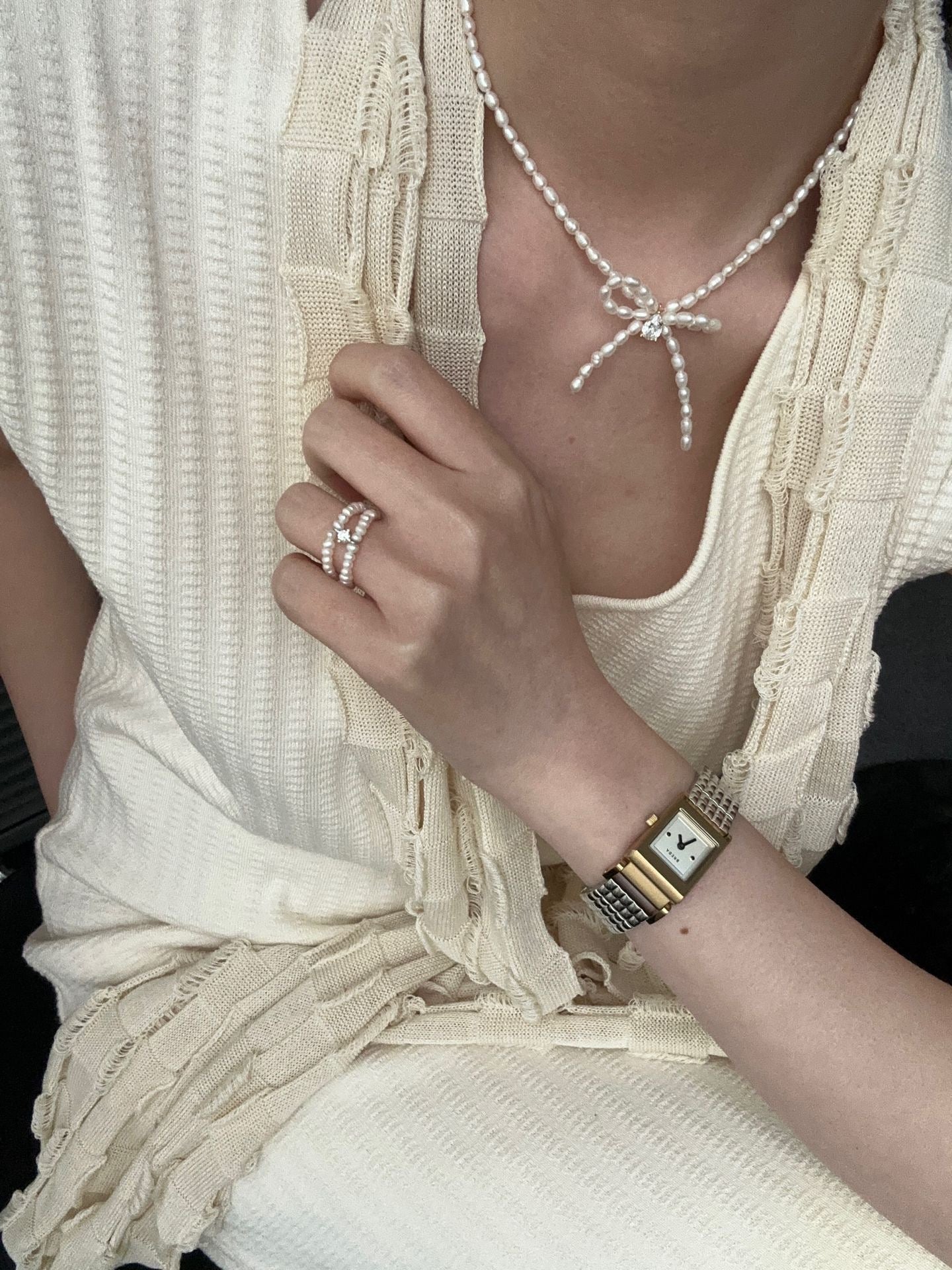 French Whisper Rice Pearl Bow Choker Necklace - 18K Gold Plated Silver
