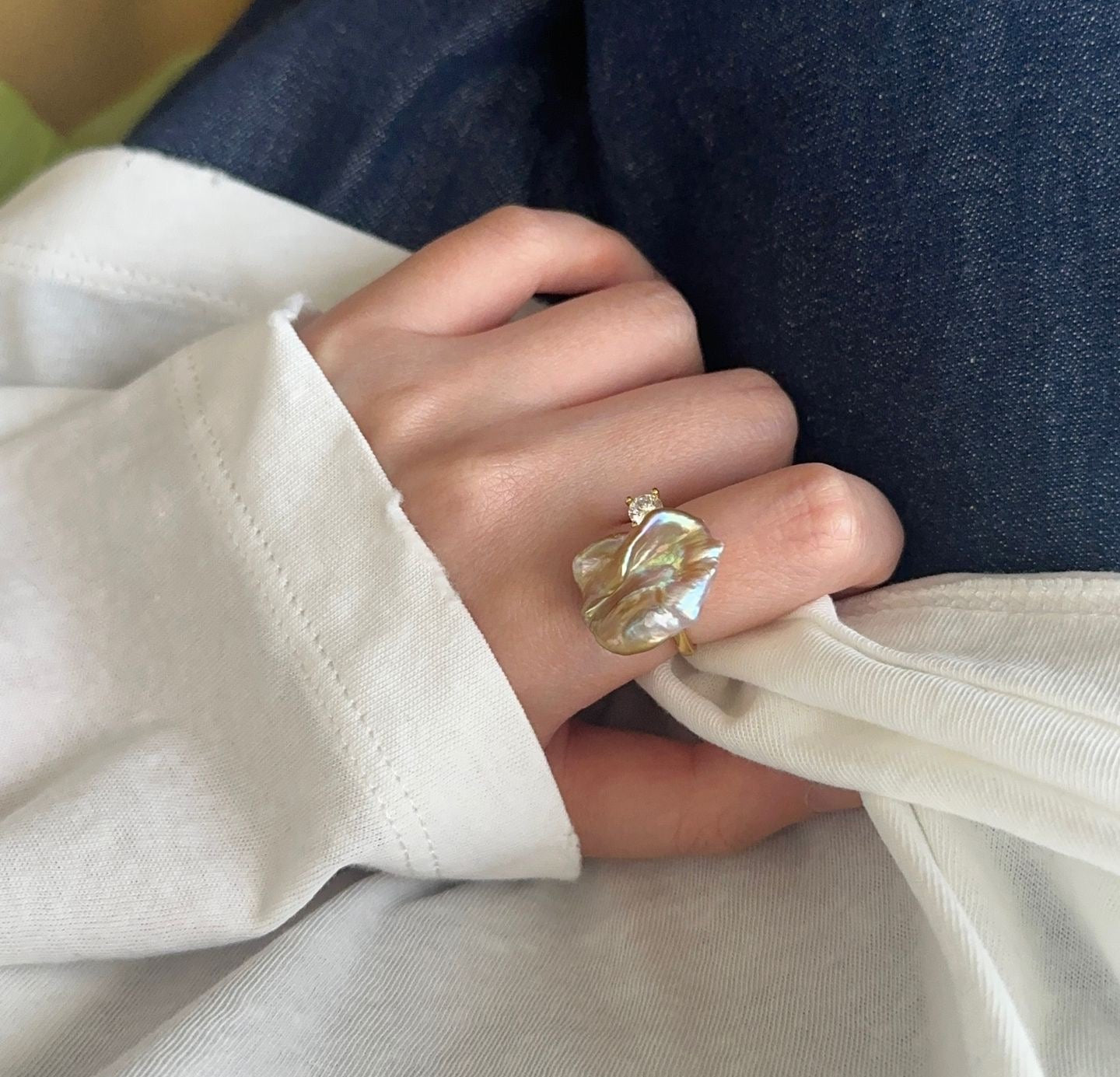 Adjustable Baroque Petal Pearl Ring - 18K Gold Plated Sterling Silver with Zircon Accent