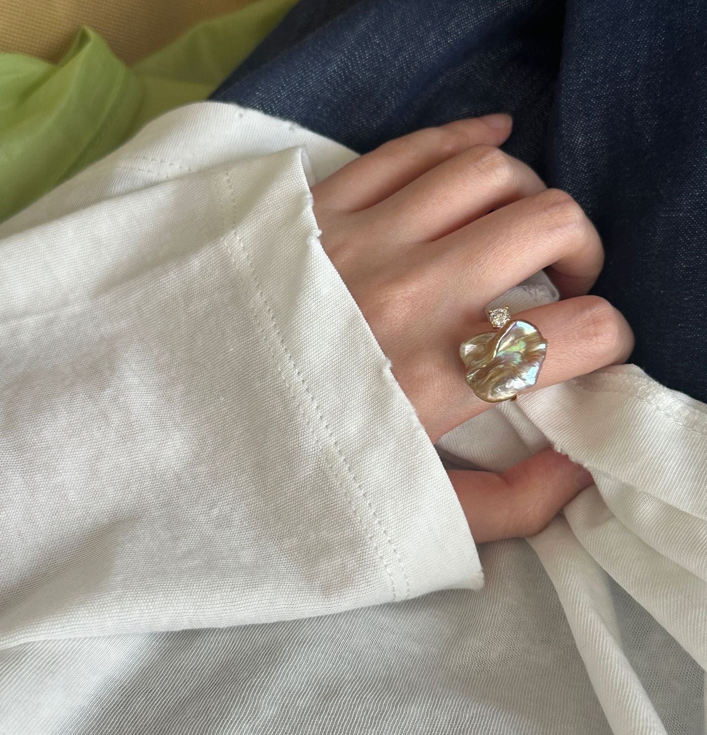 Adjustable Baroque Petal Pearl Ring - 18K Gold Plated Sterling Silver with Zircon Accent