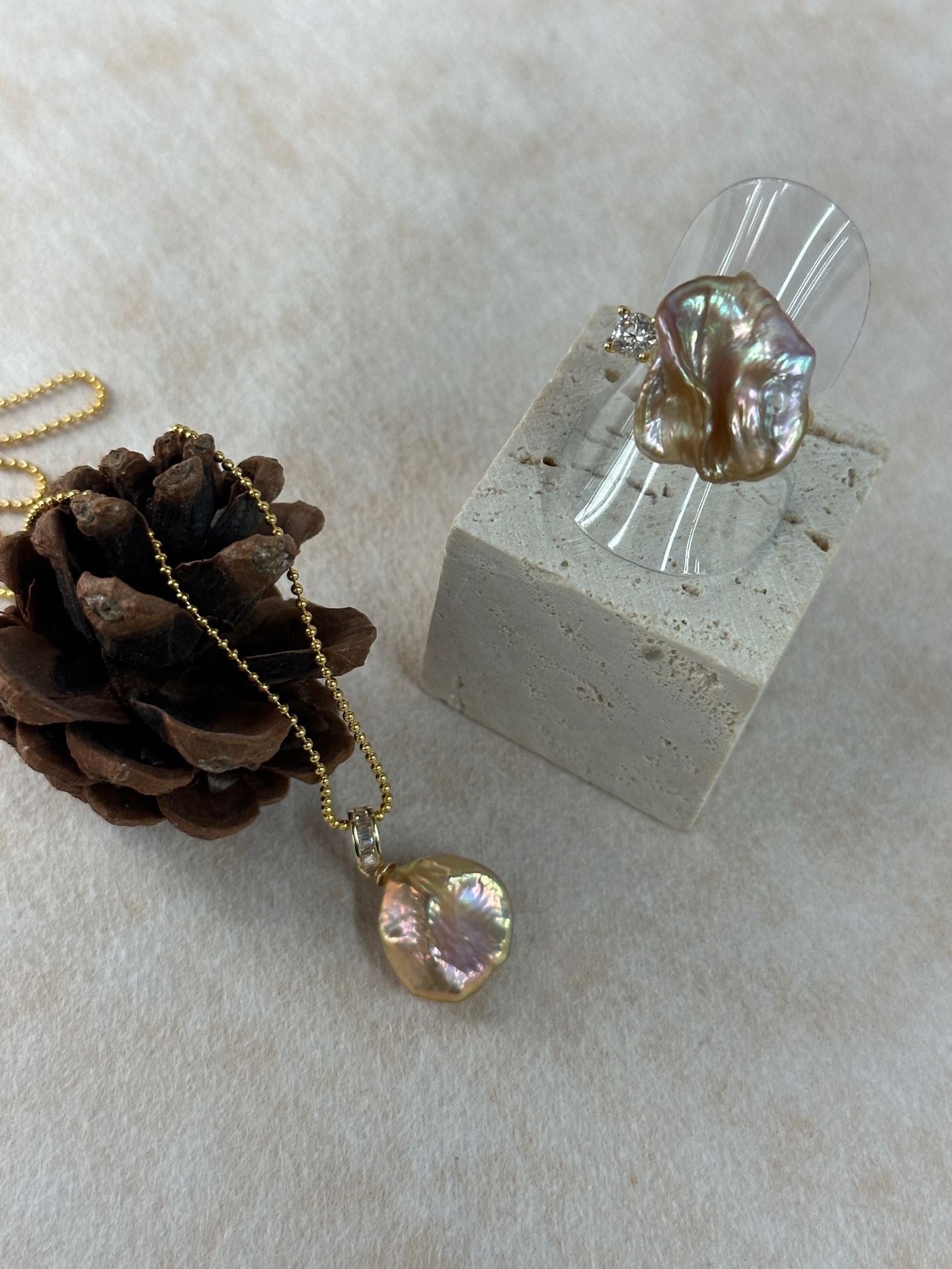 Adjustable Baroque Petal Pearl Ring - 18K Gold Plated Sterling Silver with Zircon Accent