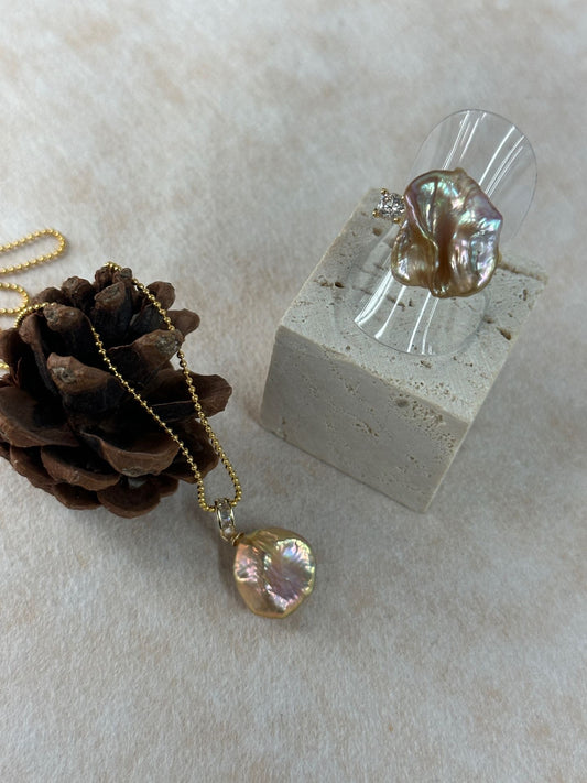 Adjustable Baroque Petal Pearl Ring - 18K Gold Plated Sterling Silver with Zircon Accent