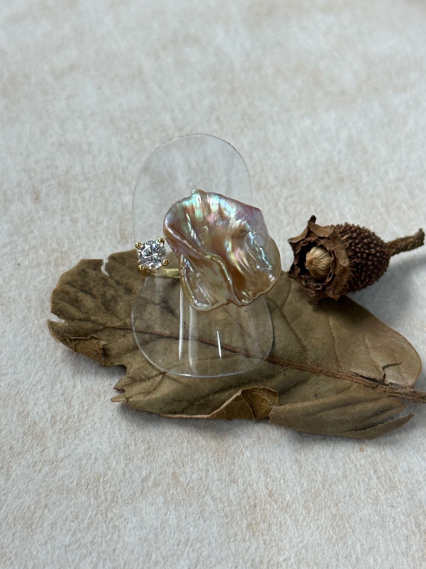 Adjustable Baroque Petal Pearl Ring - 18K Gold Plated Sterling Silver with Zircon Accent