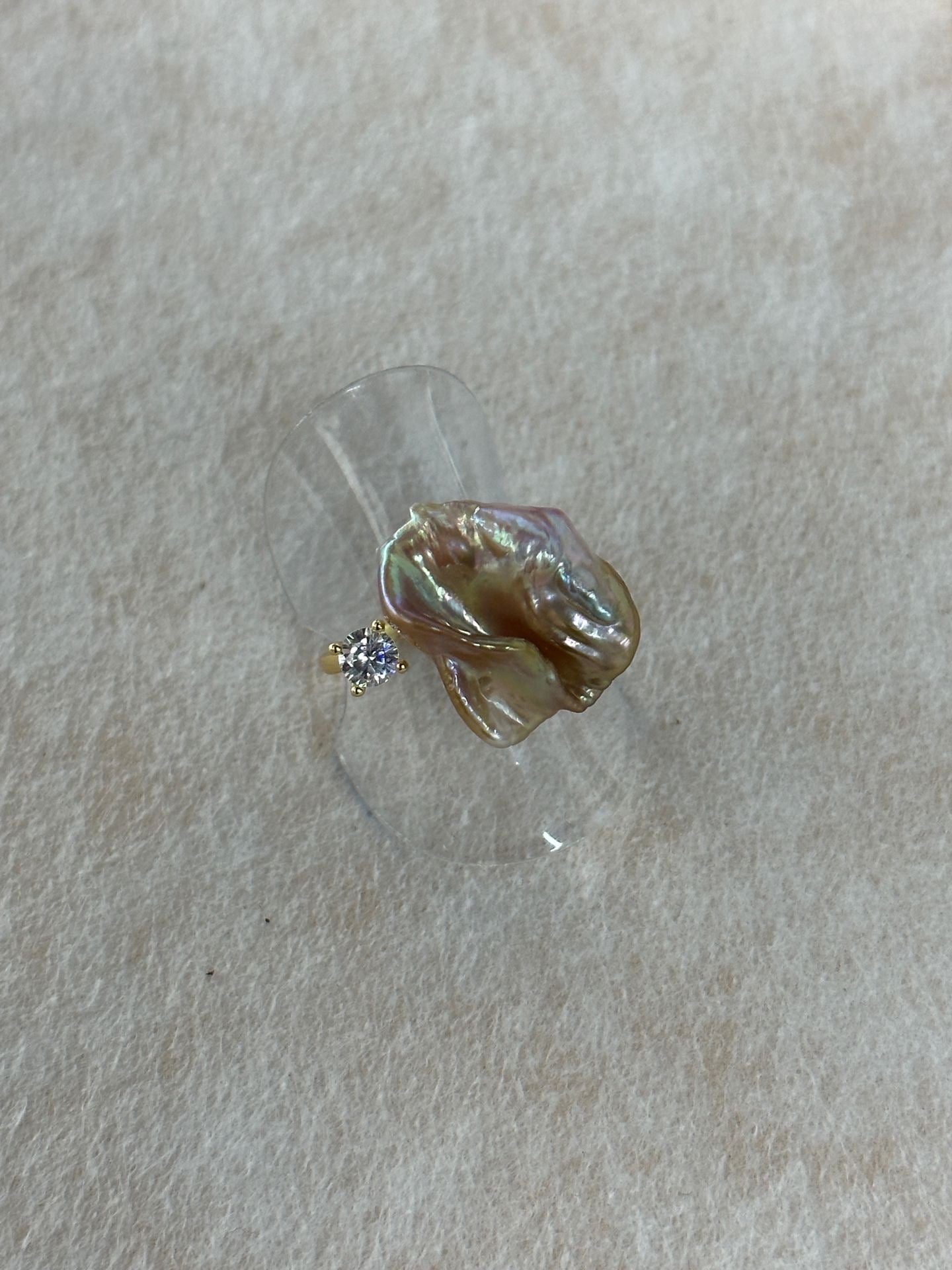 Adjustable Baroque Petal Pearl Ring - 18K Gold Plated Sterling Silver with Zircon Accent