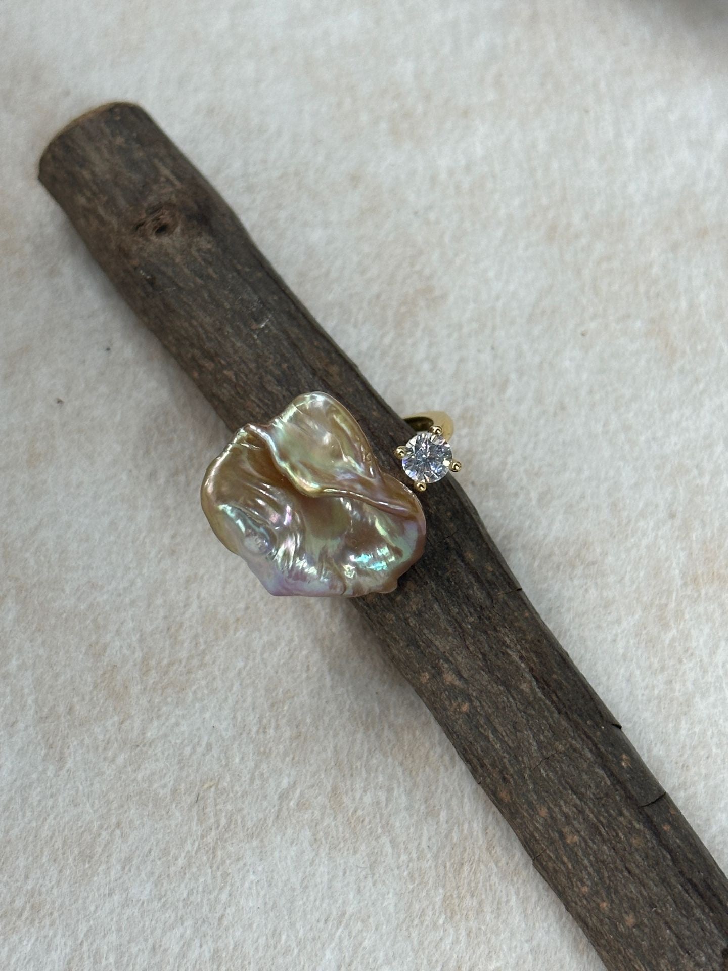 Adjustable Baroque Petal Pearl Ring - 18K Gold Plated Sterling Silver with Zircon Accent