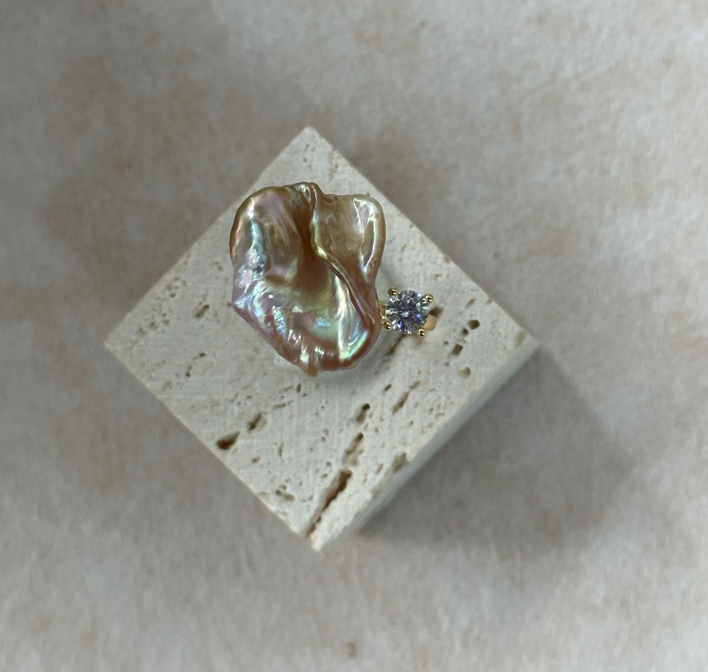 Adjustable Baroque Petal Pearl Ring - 18K Gold Plated Sterling Silver with Zircon Accent