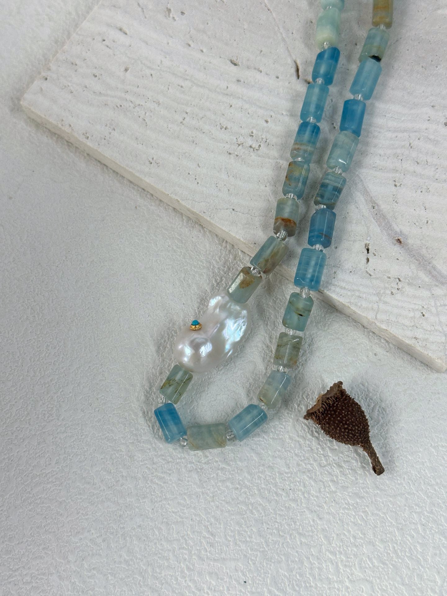 Handcrafted Aquamarine Baroque Pearl Necklace, Sterling Silver