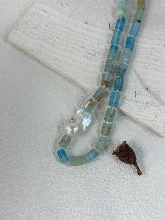 Handcrafted Aquamarine Baroque Pearl Necklace, Sterling Silver