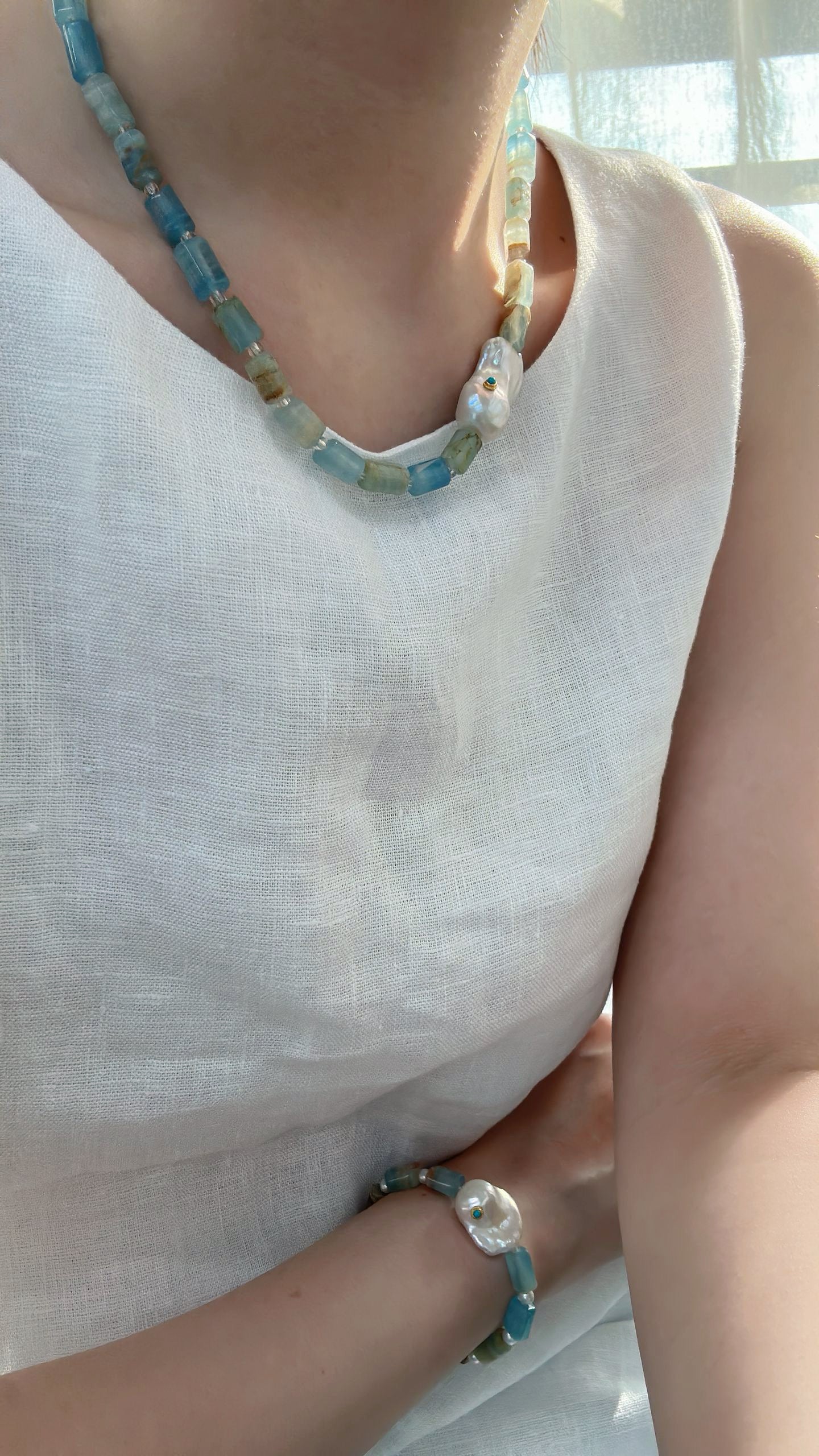 Handcrafted Aquamarine Baroque Pearl Necklace, Sterling Silver