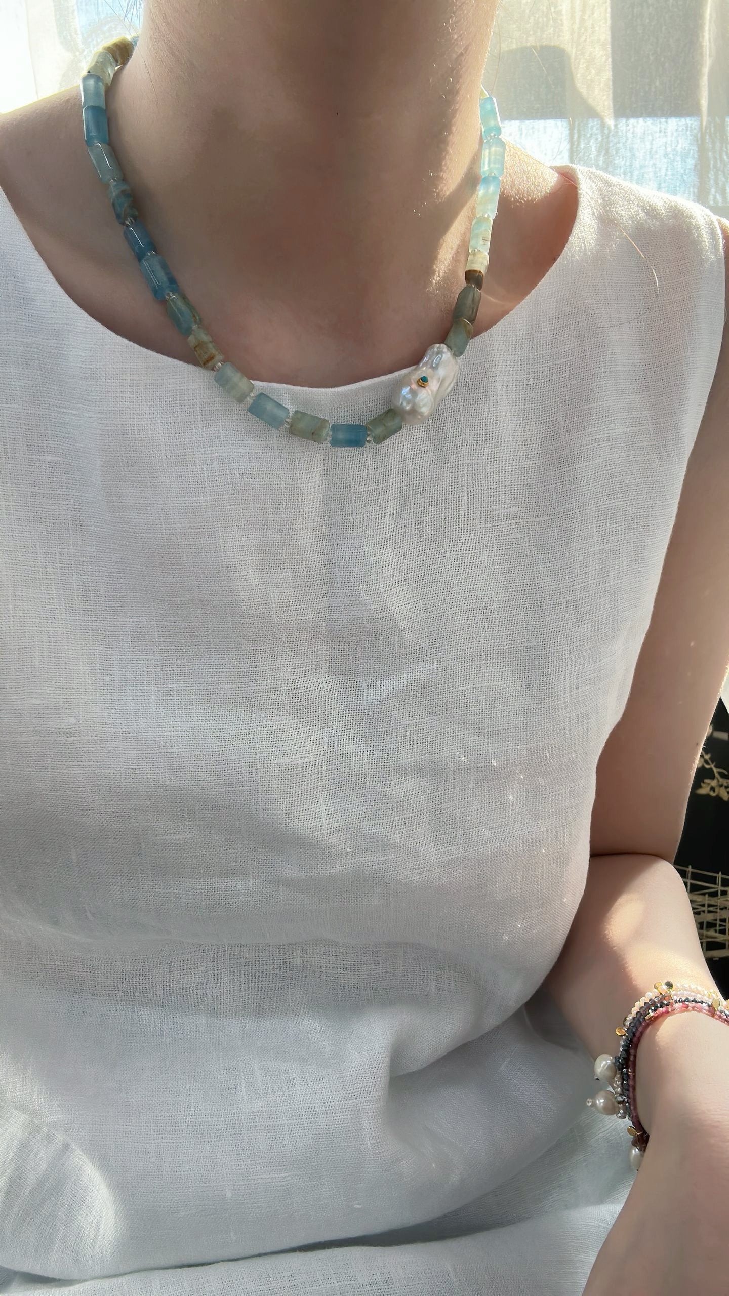 Handcrafted Aquamarine Baroque Pearl Necklace, Sterling Silver