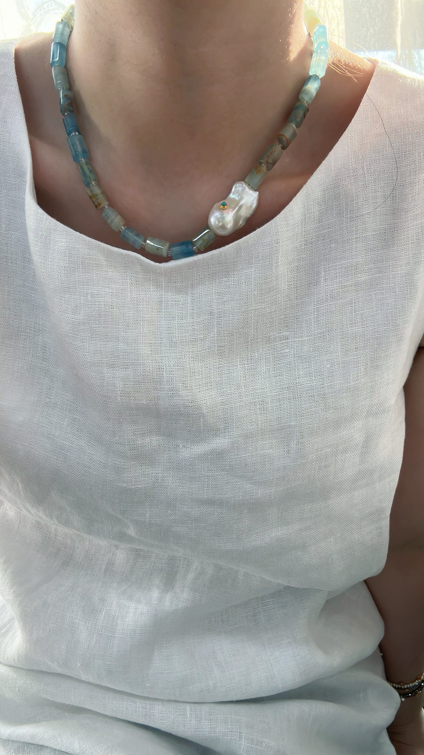 Handcrafted Aquamarine Baroque Pearl Necklace, Sterling Silver