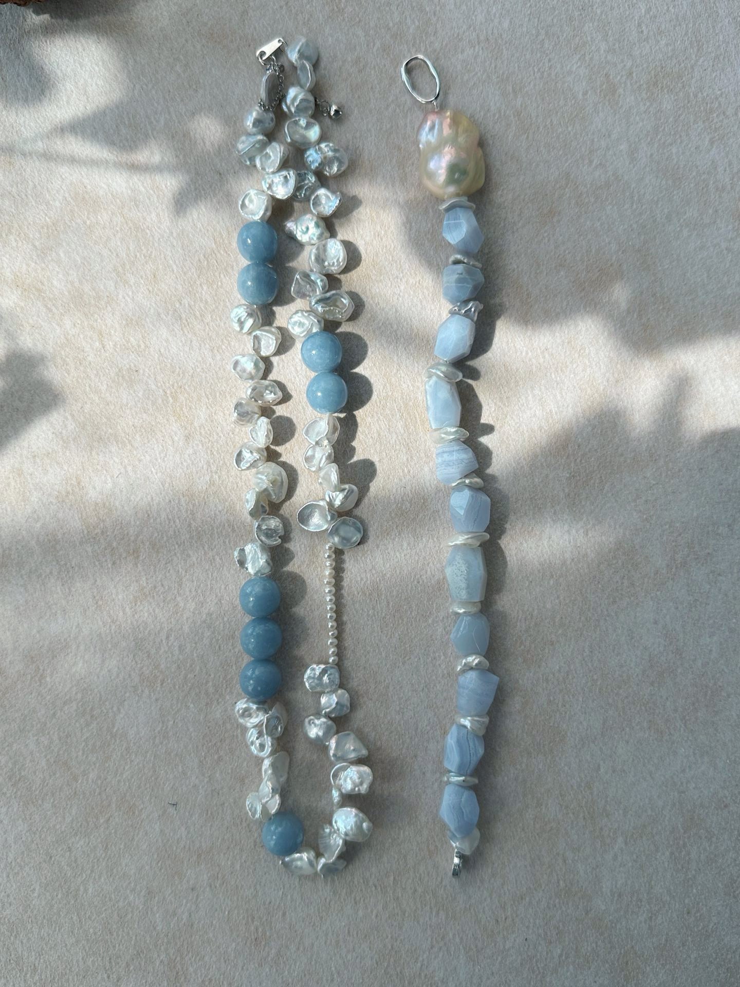 ✨ Blue Natural Stone & Baroque Petal Pearl Sterling Silver Necklace ✨