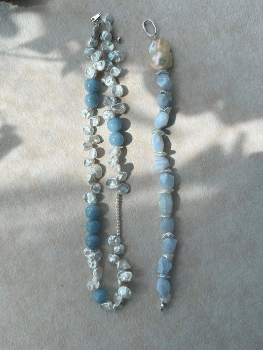 ✨ Blue Natural Stone & Baroque Petal Pearl Sterling Silver Necklace ✨