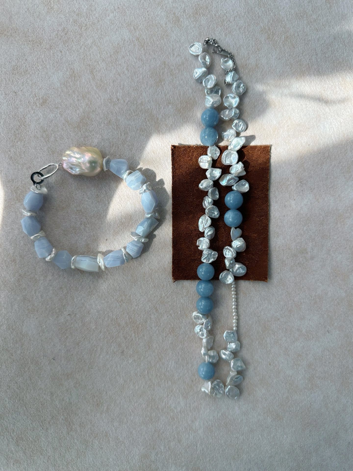 ✨ Blue Natural Stone & Baroque Petal Pearl Sterling Silver Necklace ✨