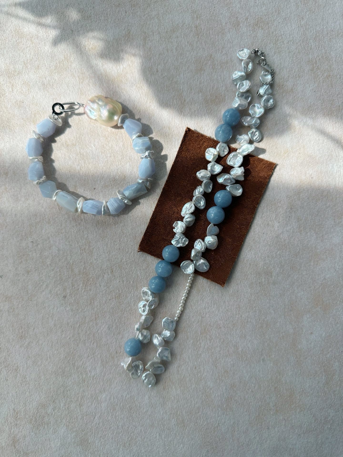 ✨ Blue Natural Stone & Baroque Petal Pearl Sterling Silver Necklace ✨