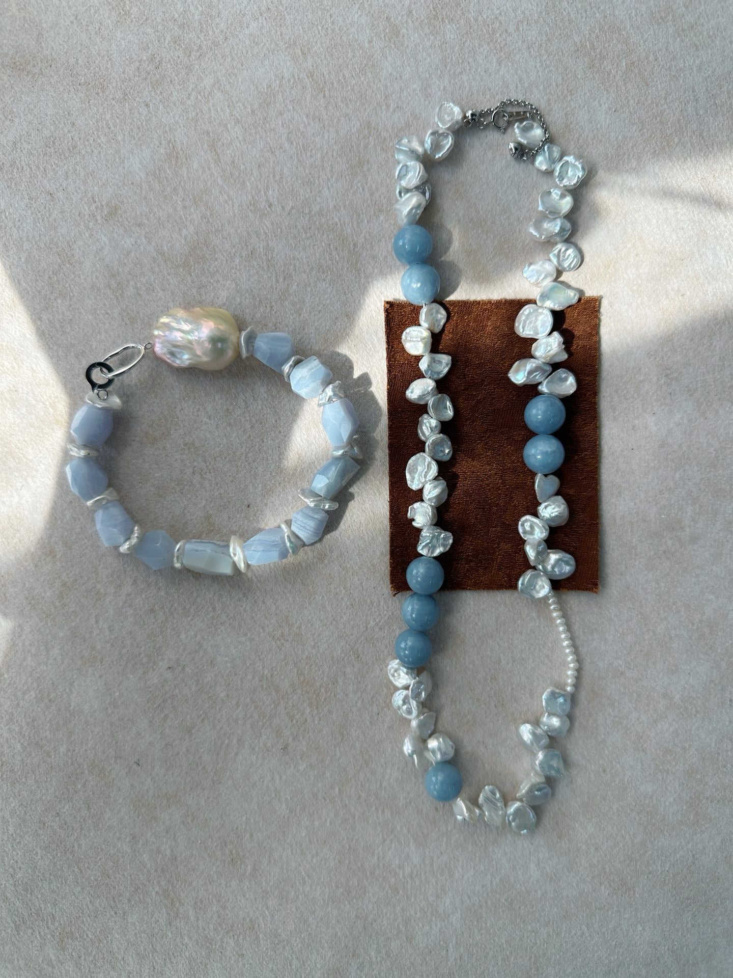 ✨ Blue Natural Stone & Baroque Petal Pearl Sterling Silver Necklace ✨