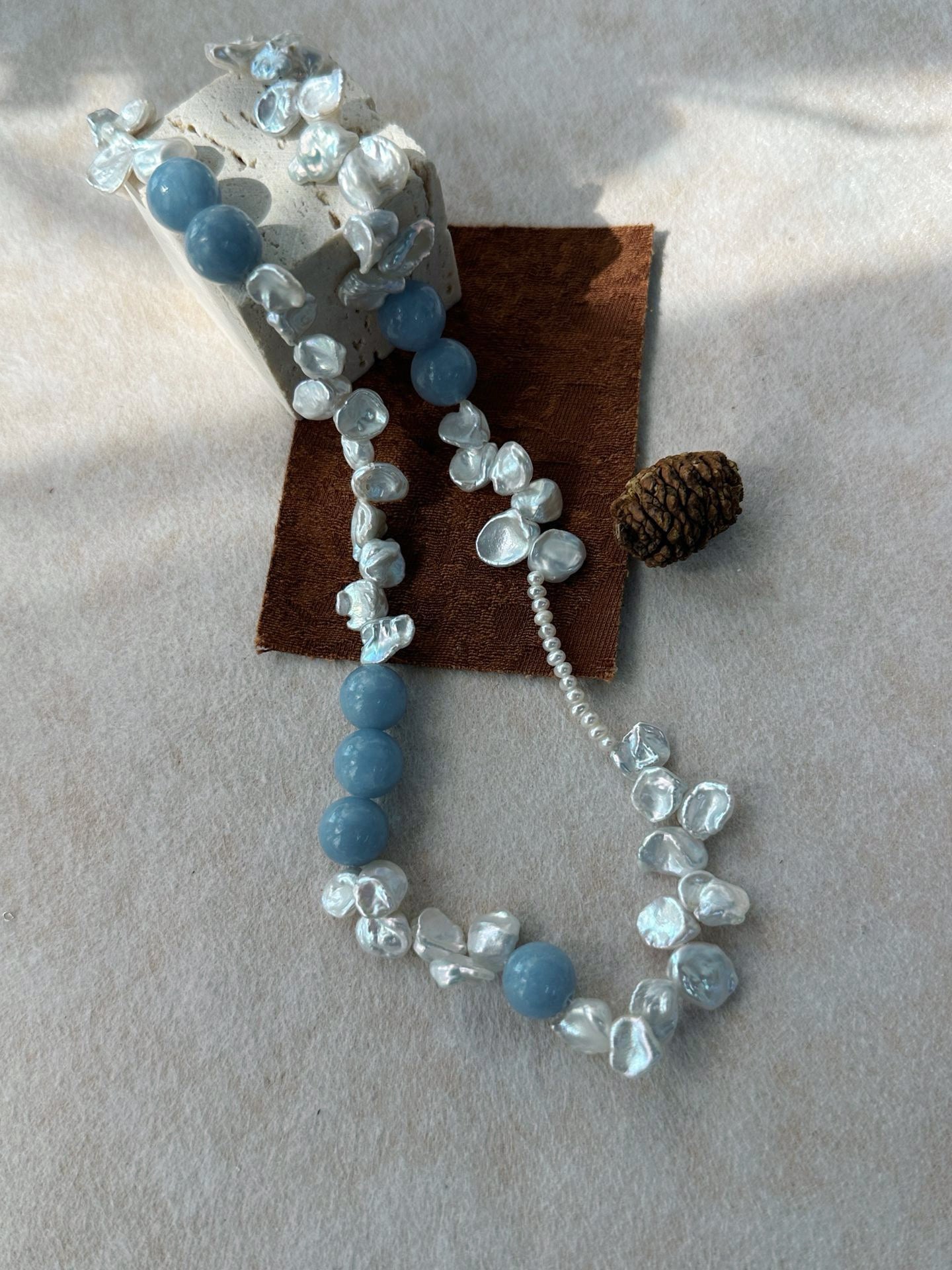 ✨ Blue Natural Stone & Baroque Petal Pearl Sterling Silver Necklace ✨