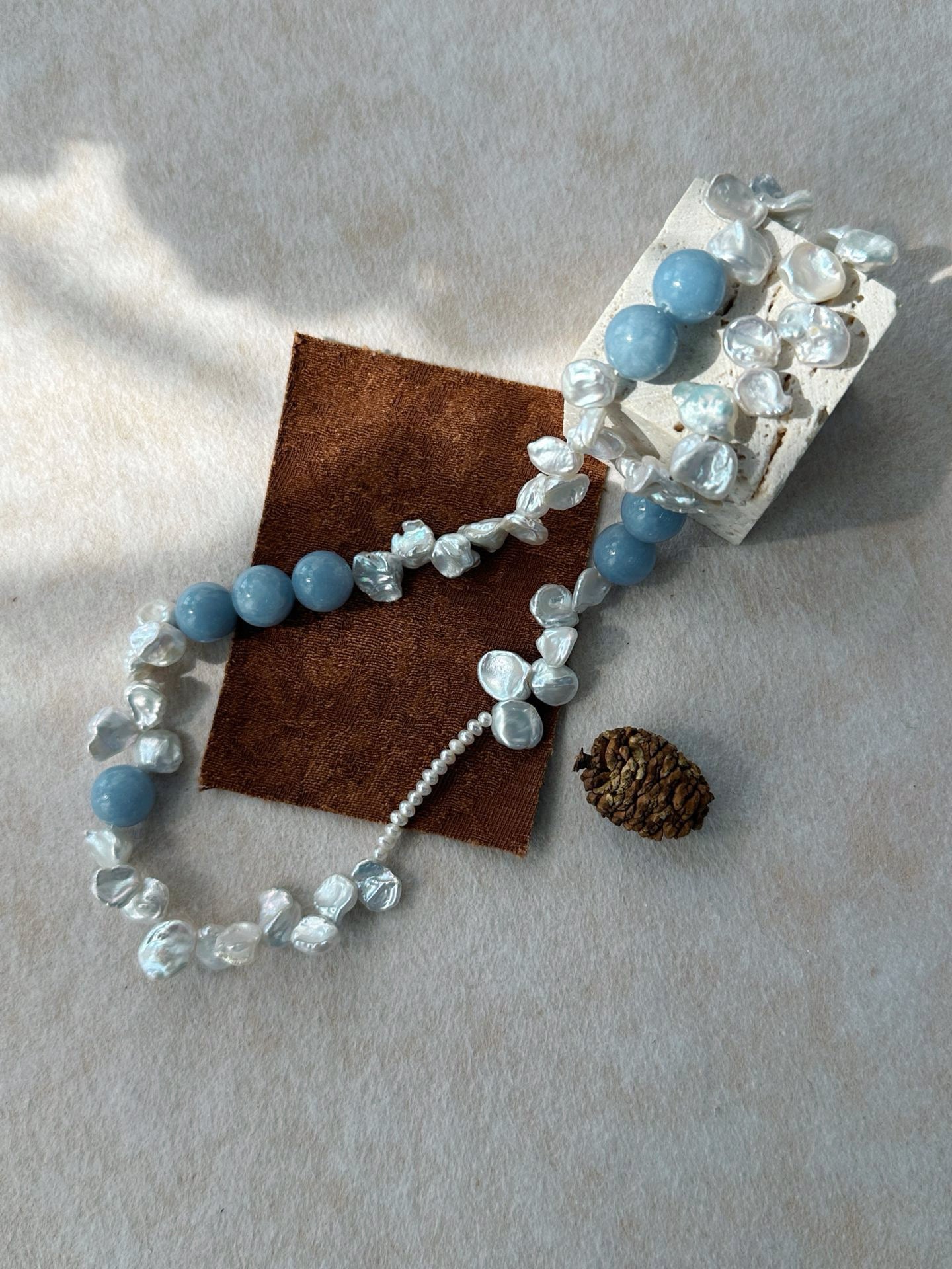 ✨ Blue Natural Stone & Baroque Petal Pearl Sterling Silver Necklace ✨