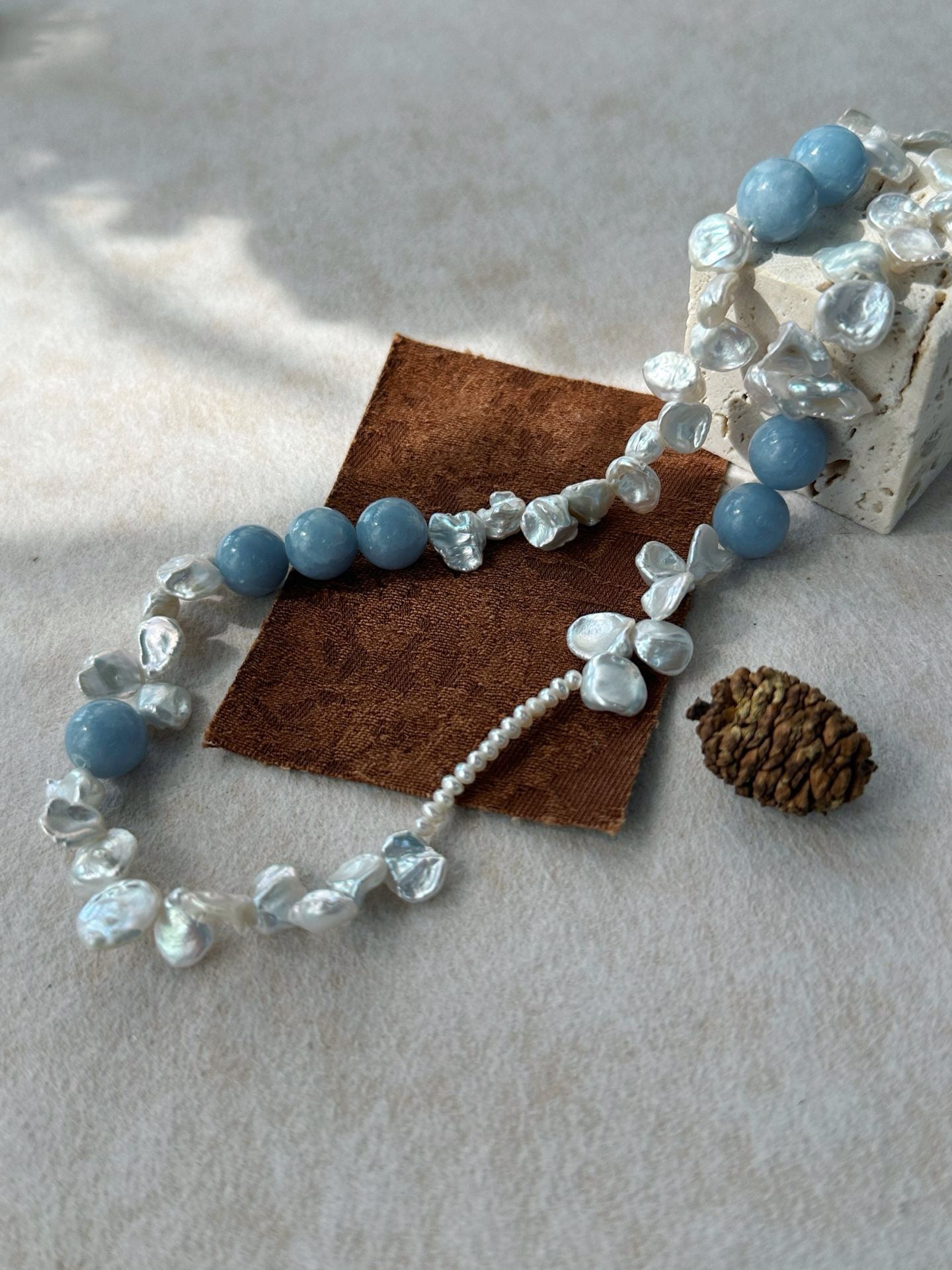 ✨ Blue Natural Stone & Baroque Petal Pearl Sterling Silver Necklace ✨