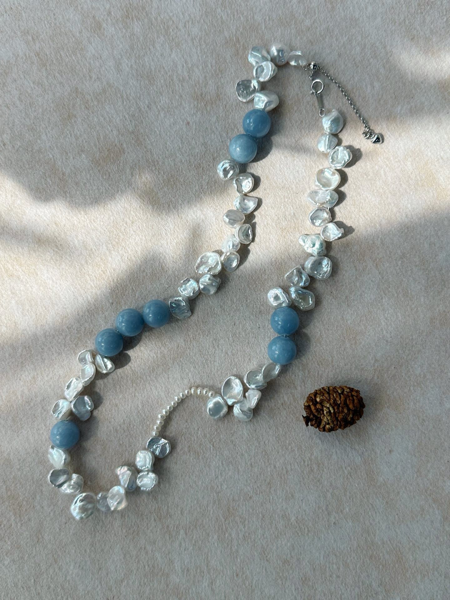 ✨ Blue Natural Stone & Baroque Petal Pearl Sterling Silver Necklace ✨