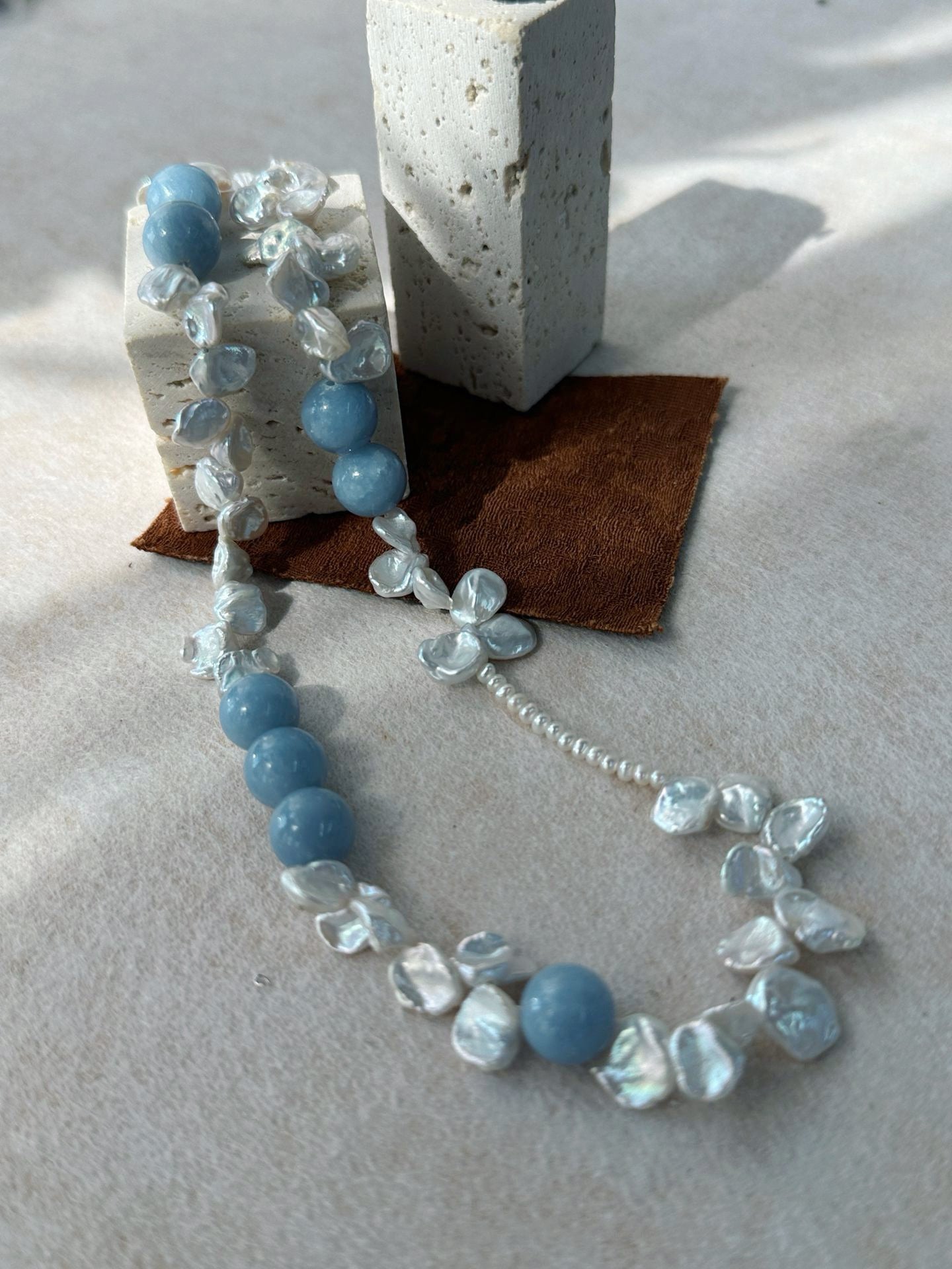✨ Blue Natural Stone & Baroque Petal Pearl Sterling Silver Necklace ✨