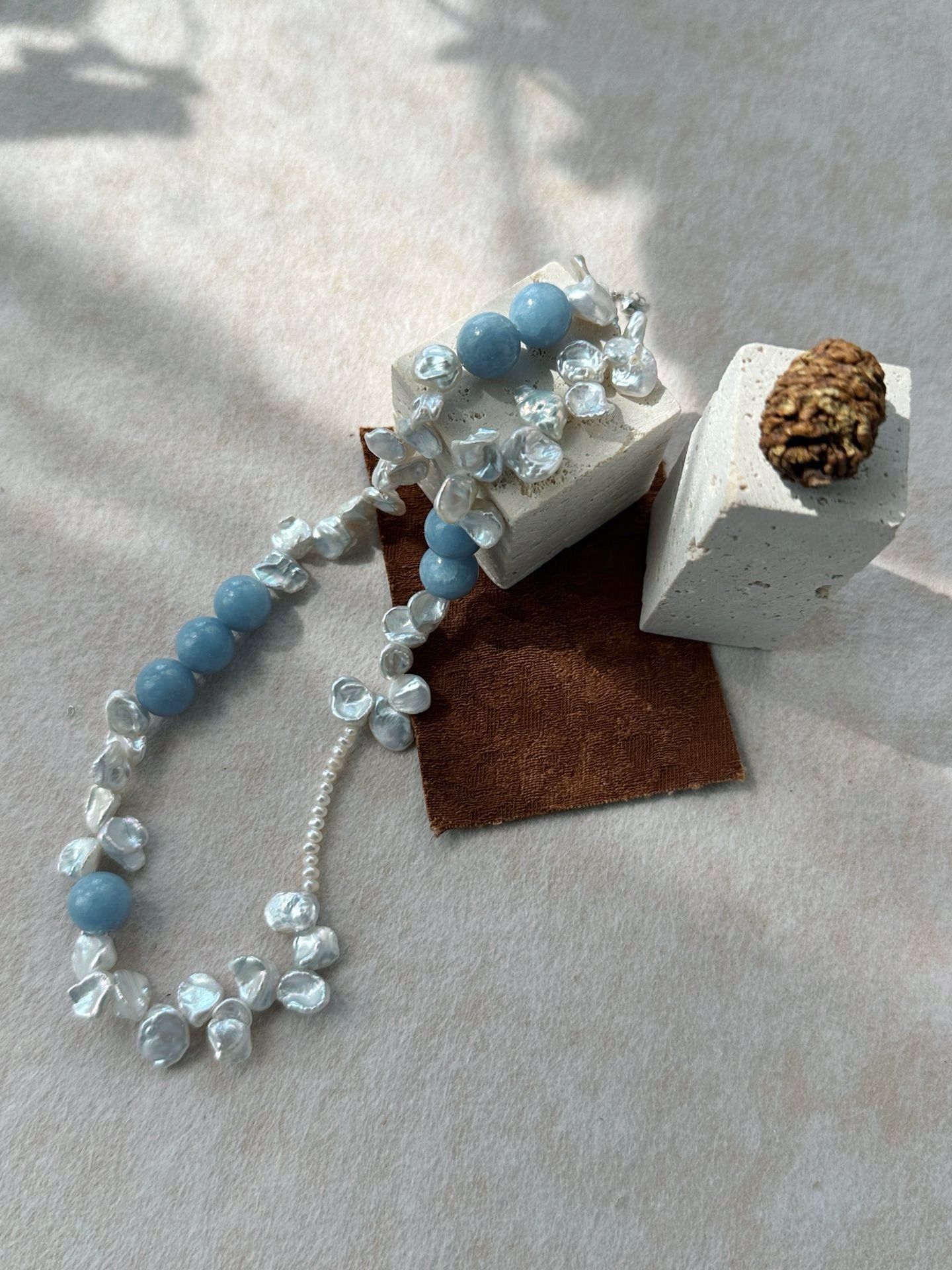 ✨ Blue Natural Stone & Baroque Petal Pearl Sterling Silver Necklace ✨