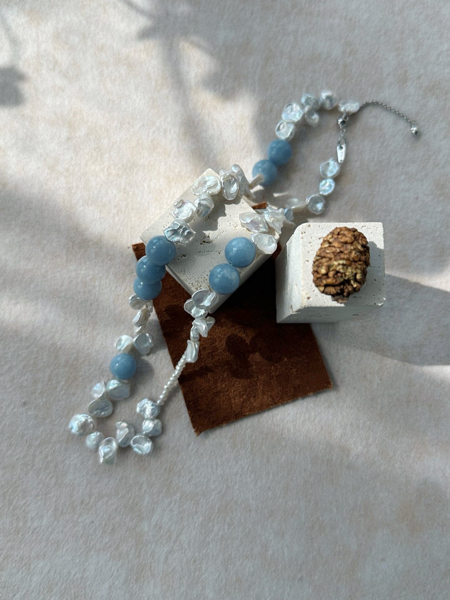 ✨ Blue Natural Stone & Baroque Petal Pearl Sterling Silver Necklace ✨