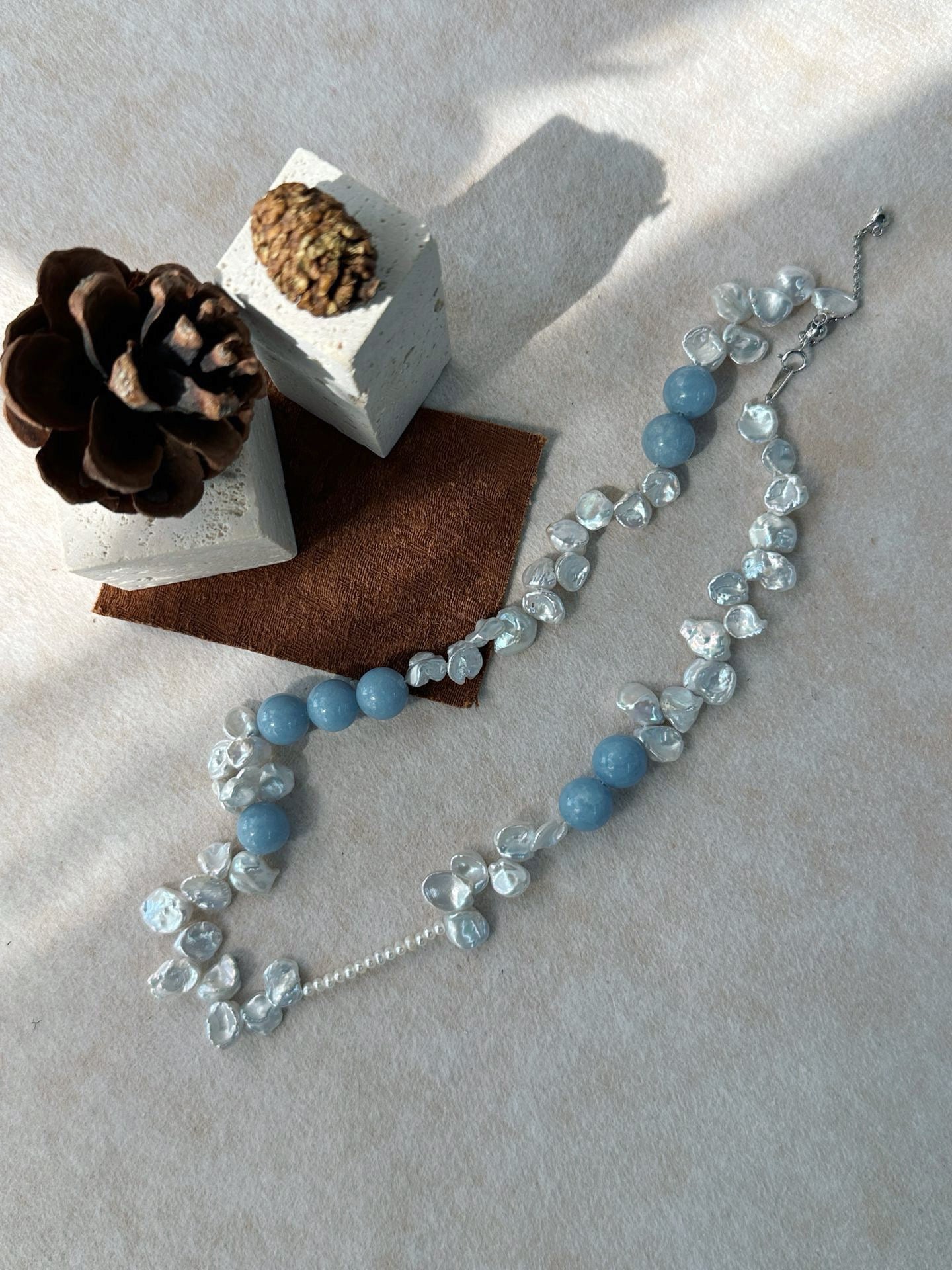 ✨ Blue Natural Stone & Baroque Petal Pearl Sterling Silver Necklace ✨