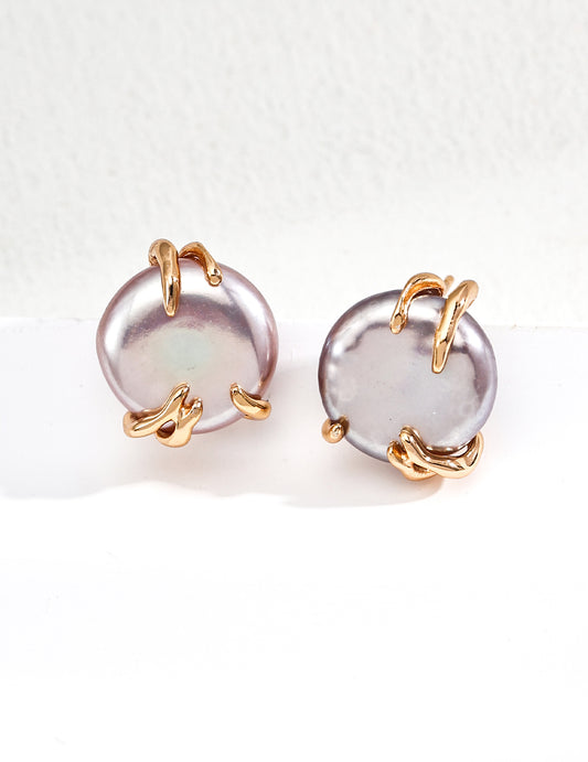 Handcrafted S925 Silver Natural Gray Mabe Pearl Stud Earrings • Vintage Gold • Minimalist Statement for the Curated Jewelry Lover