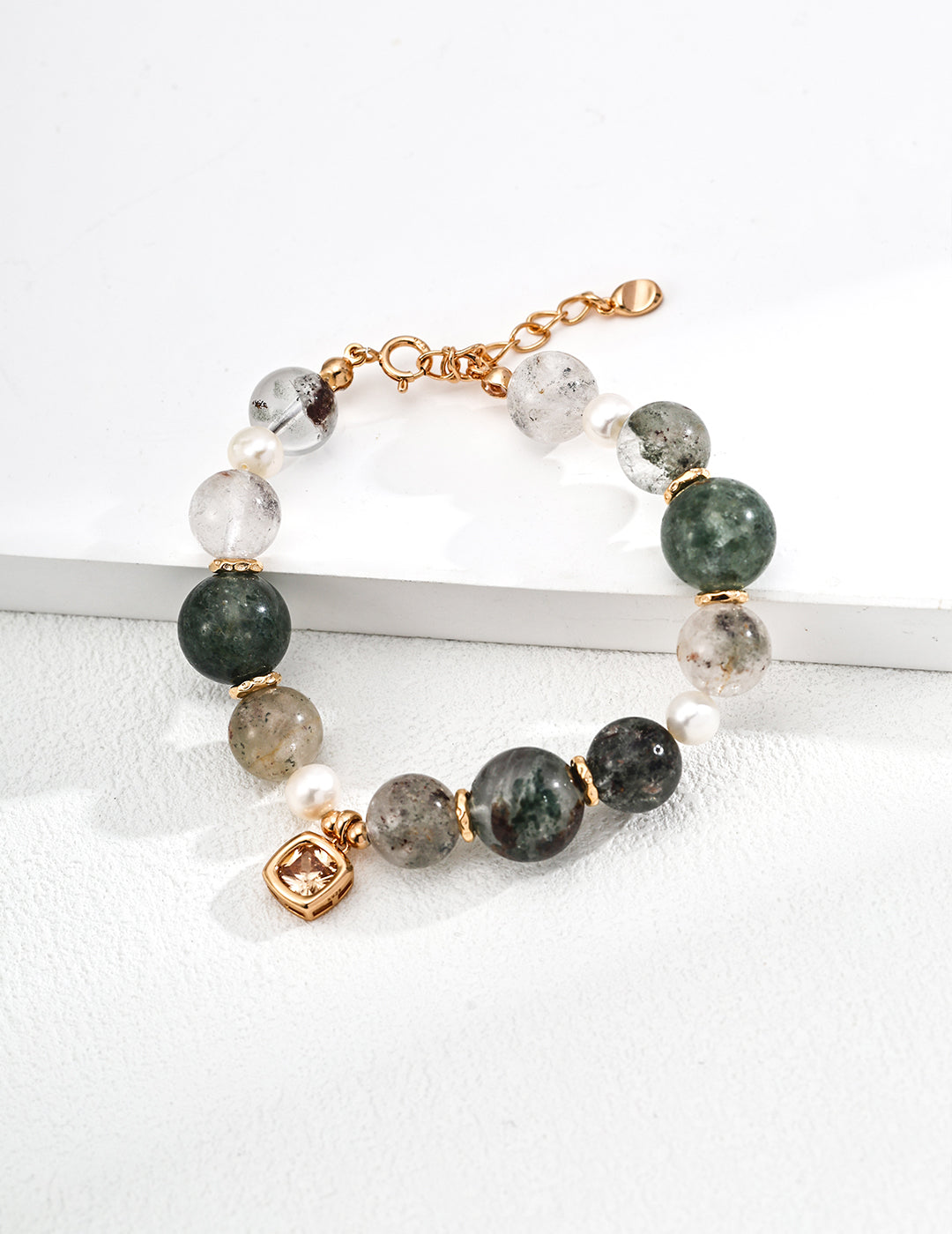 S925 Silver Natural Phantom Quartz & Pearl Bracelet | Vintage Gold