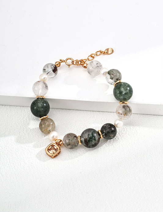 S925 Silver Natural Phantom Quartz & Pearl Bracelet | Vintage Gold