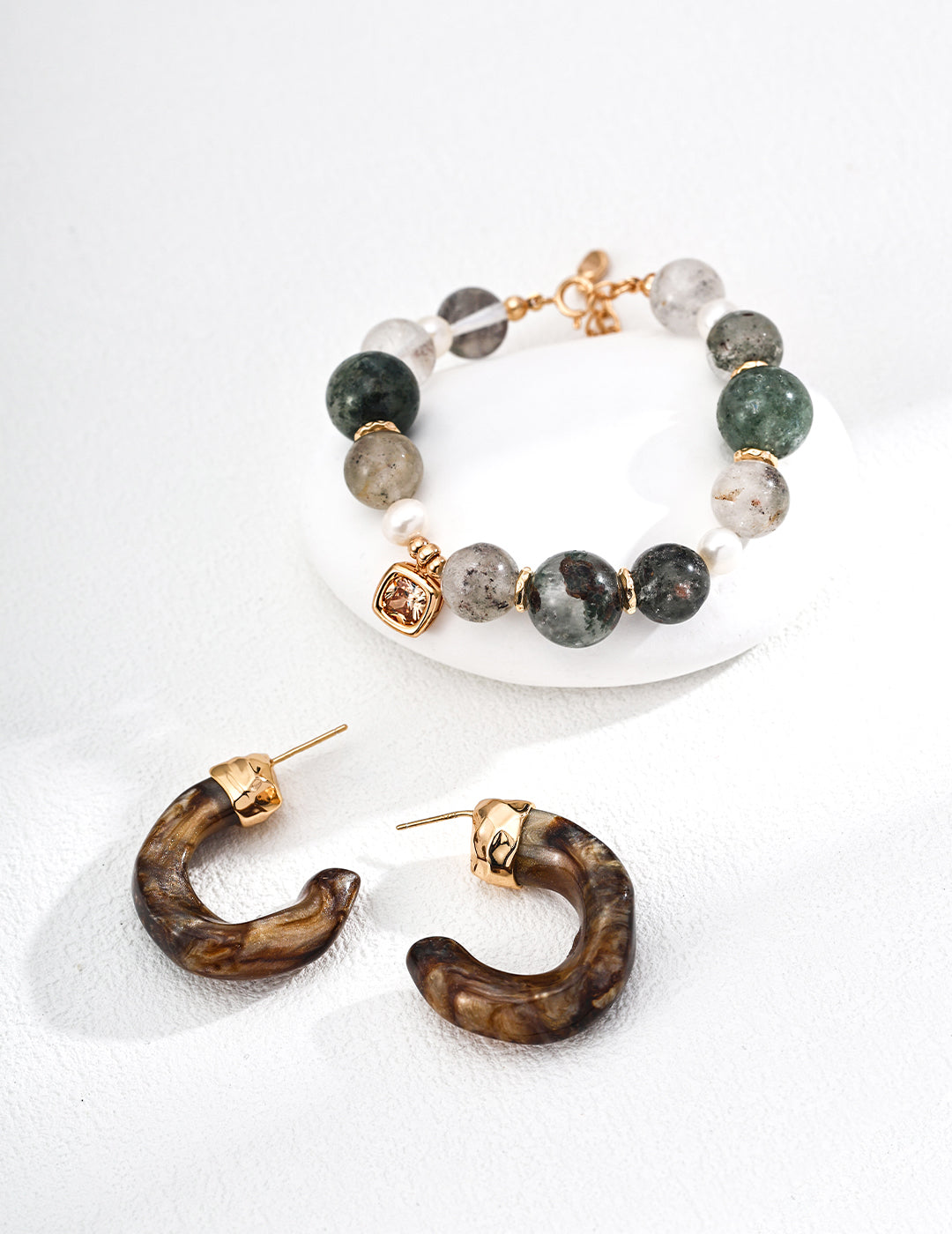 S925 Silver Natural Phantom Quartz & Pearl Bracelet | Vintage Gold