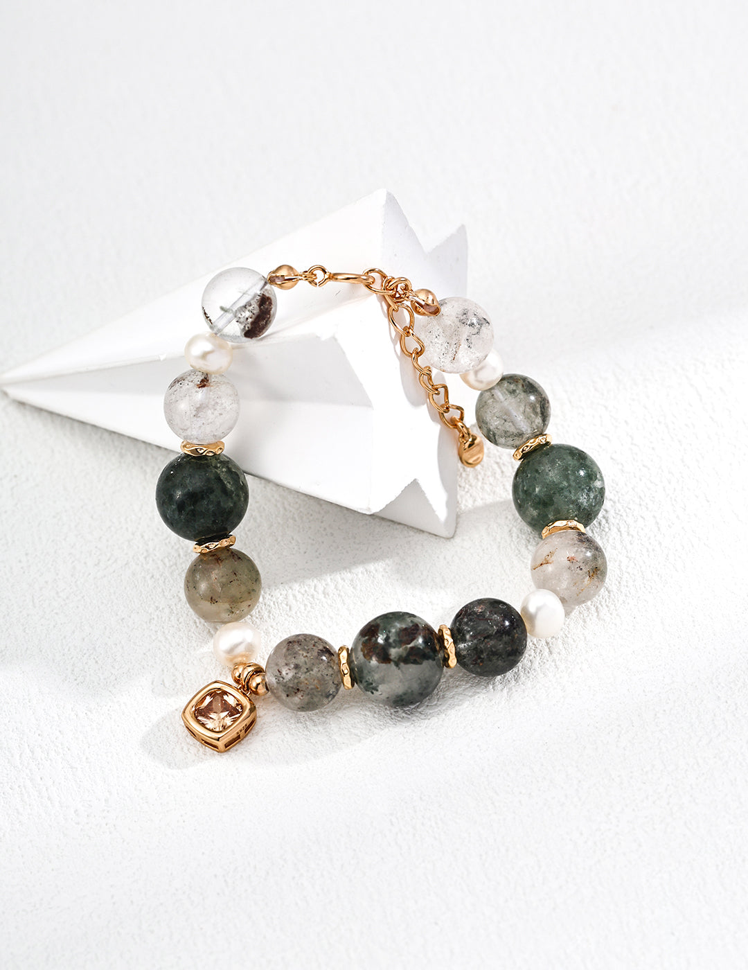 S925 Silver Natural Phantom Quartz & Pearl Bracelet | Vintage Gold