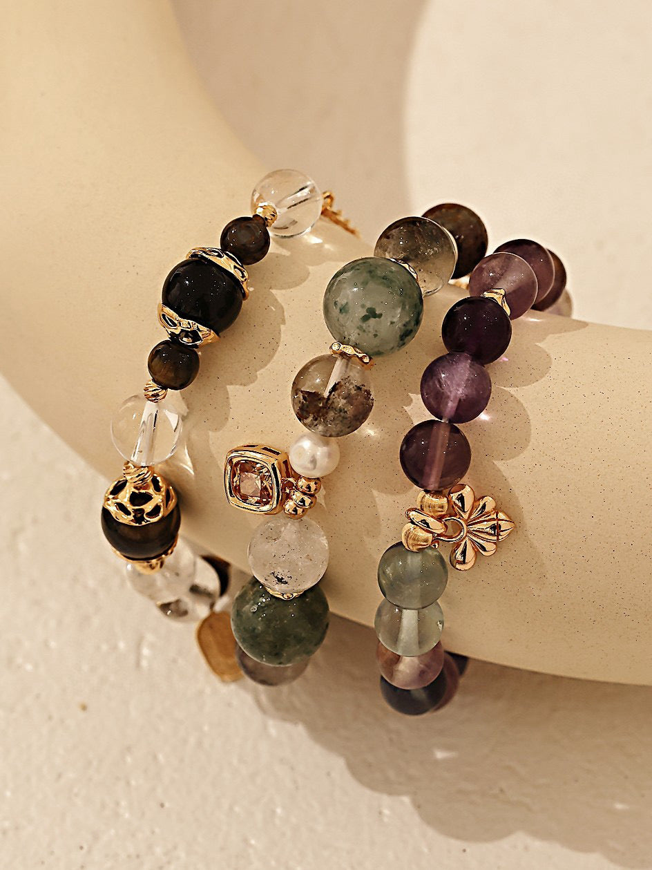 S925 Silver Natural Phantom Quartz & Pearl Bracelet | Vintage Gold