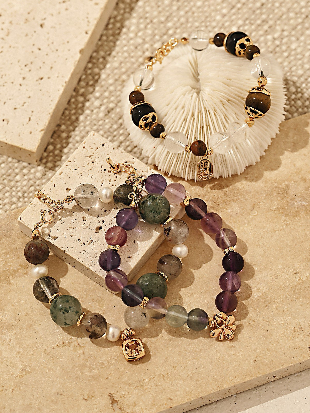 S925 Silver Natural Phantom Quartz & Pearl Bracelet | Vintage Gold