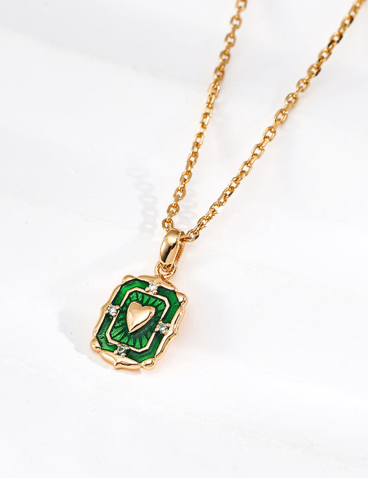 Vintage Green Enamel Heart Pendant Necklace | S925 Silver Gold Plated | Dainty Retro Square CZ Jewelry