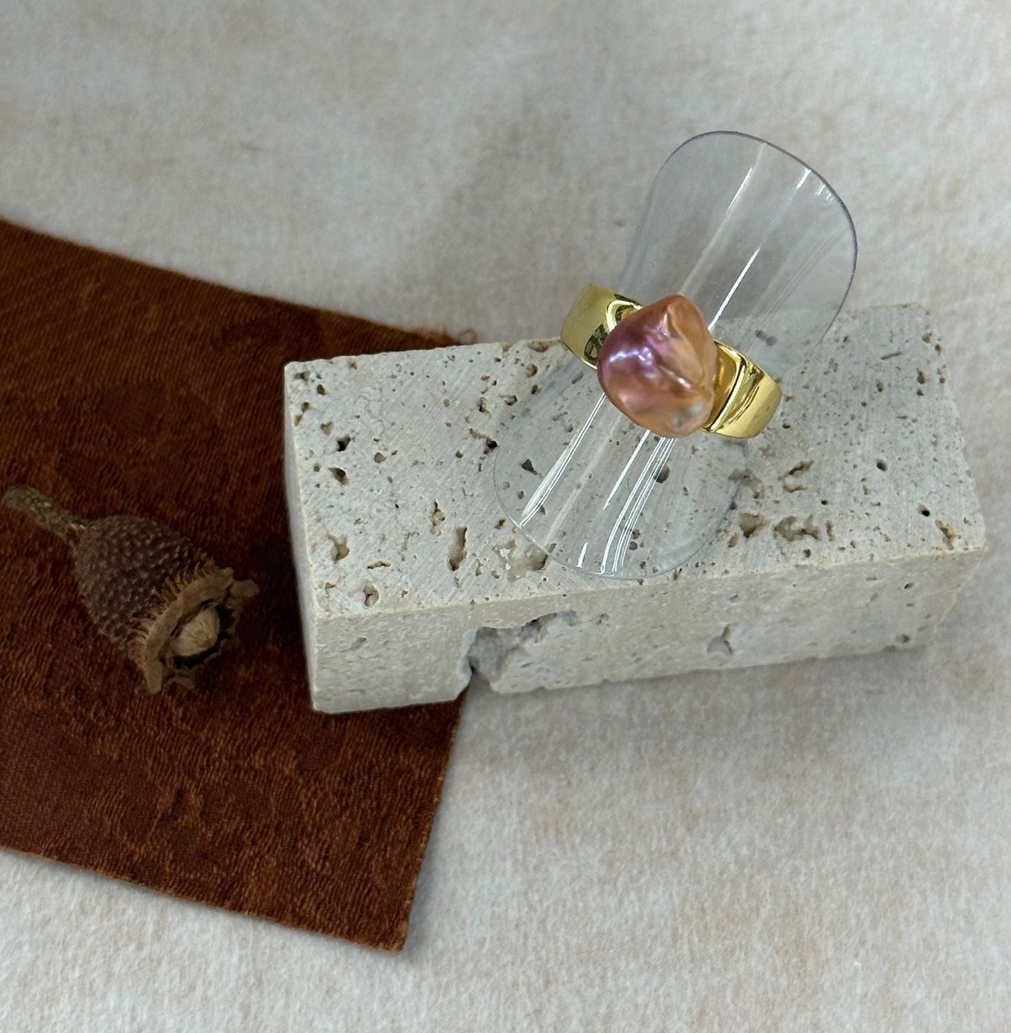 Natural Keshi Pearl Ring - 18K Gold Plated Sterling Silver Nucleus-Free Baroque Ring